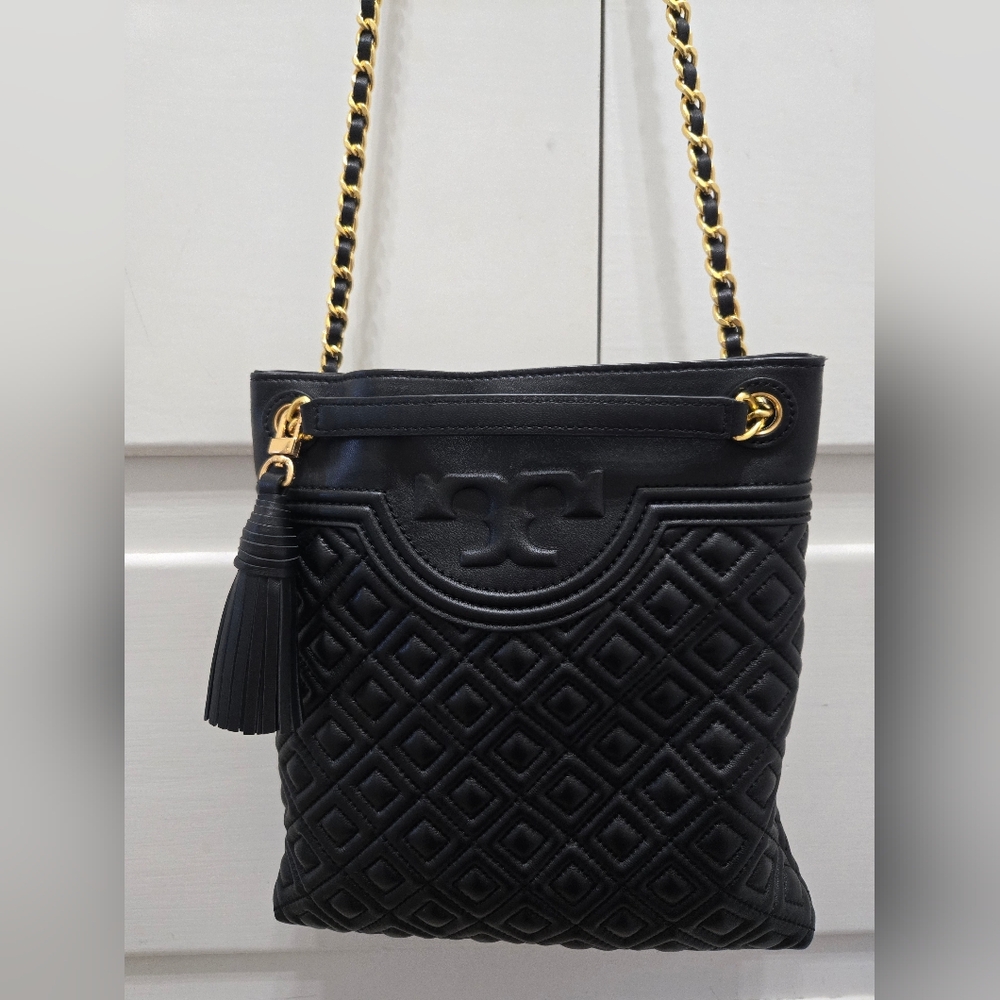 Tory Burch Black Quilted Shoulder Bag with Gold Accents
